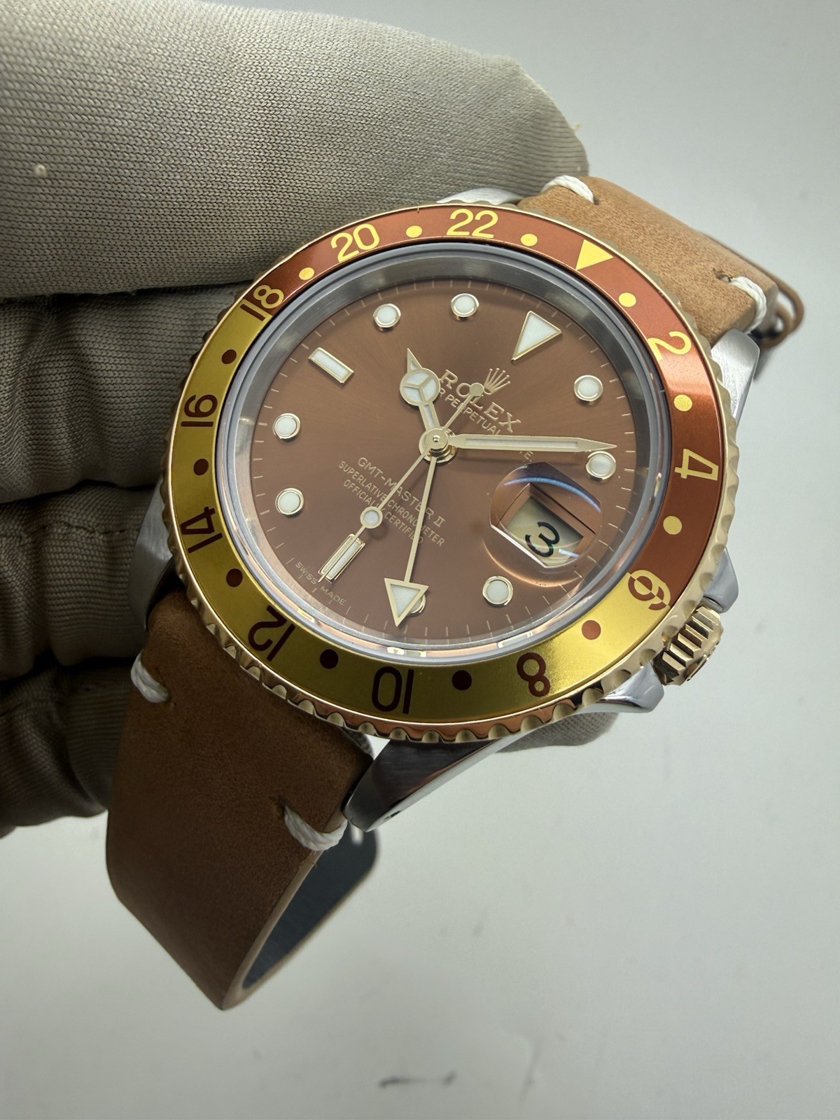 1989 Rolex GMT Master II Rootbeer Brown Bezel Dial Leather 40mm Watch 16713 RSC