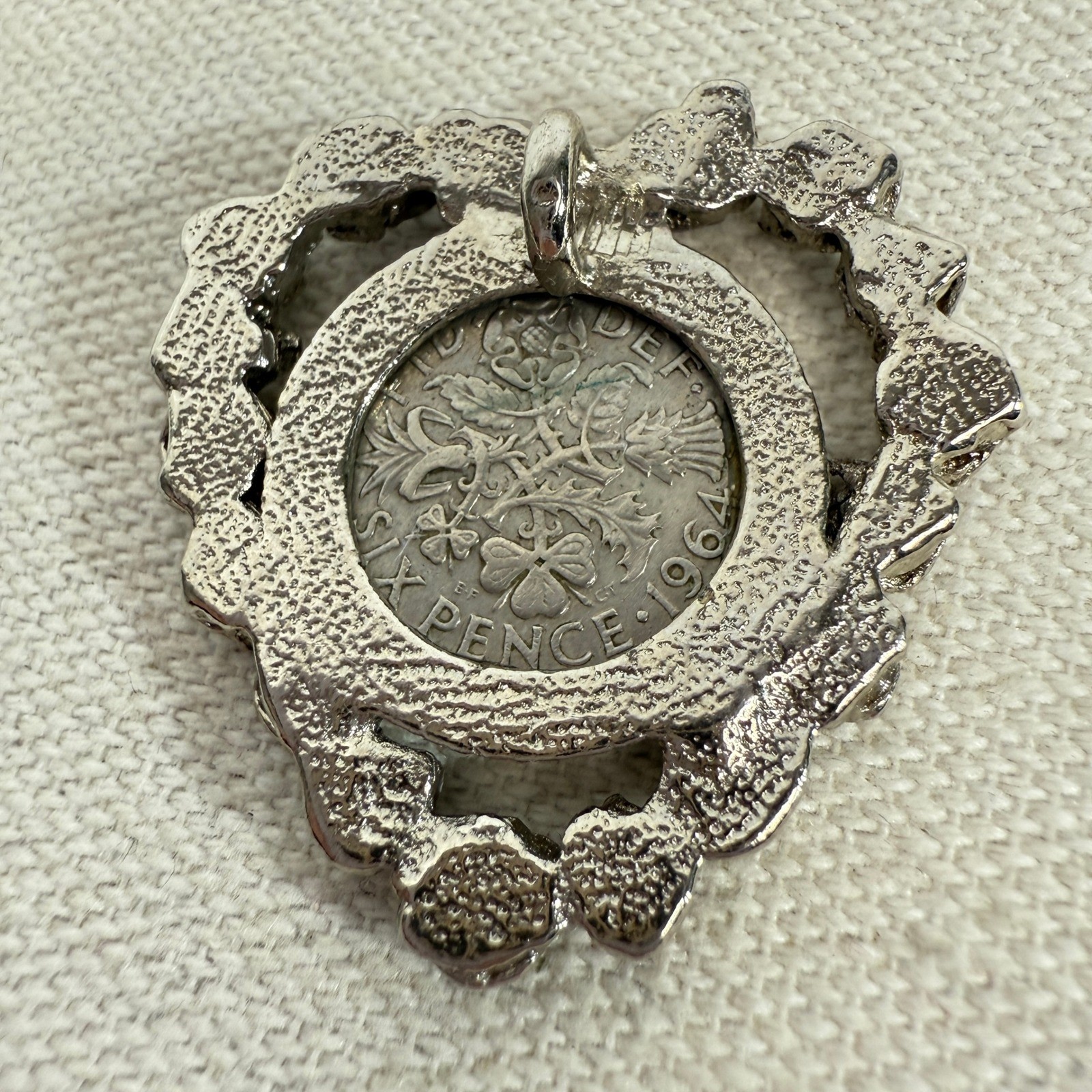 Vintage Coin Pendant Rose Flower Elizabeth II Six Pence 1964 Silver Tone