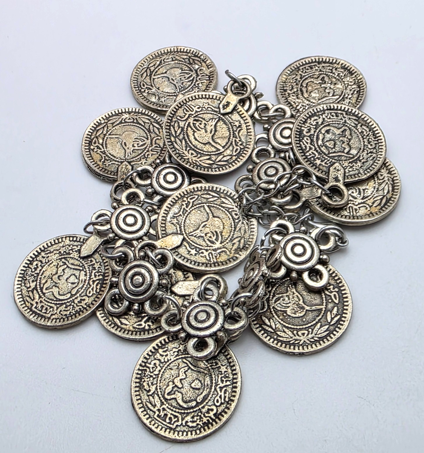 Boho Ottoman Style Coin Charm Bracelet Silver Tone Dangle 7 To 9.5 In Adjustable
