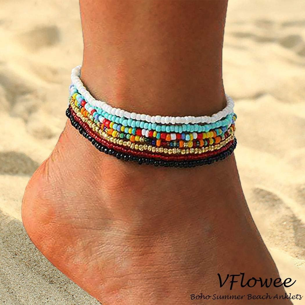 7PCS Boho Beaded Anklets Stretch Glass Seed Bead Bracelet Set
