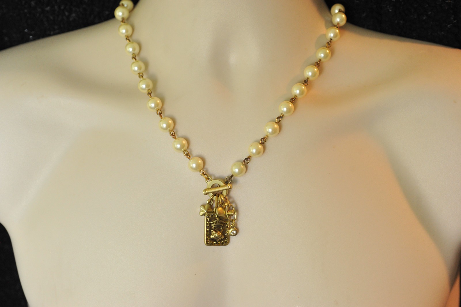 CAbi Necklace Gold Tone Rhinestone Faux Pearl charms dangle statement A
