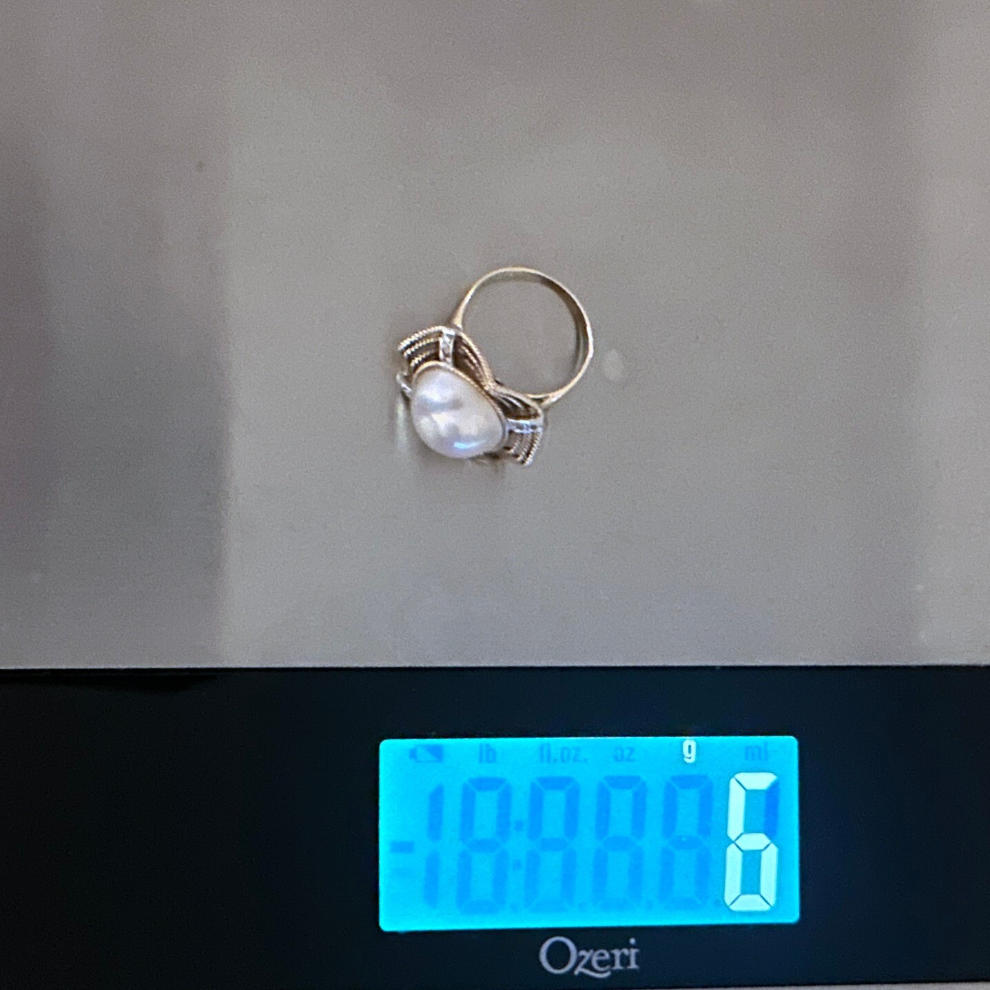 VINTAGE 8 DIAMOND & 12.4MM MABE PEARL 14K GOLD RING