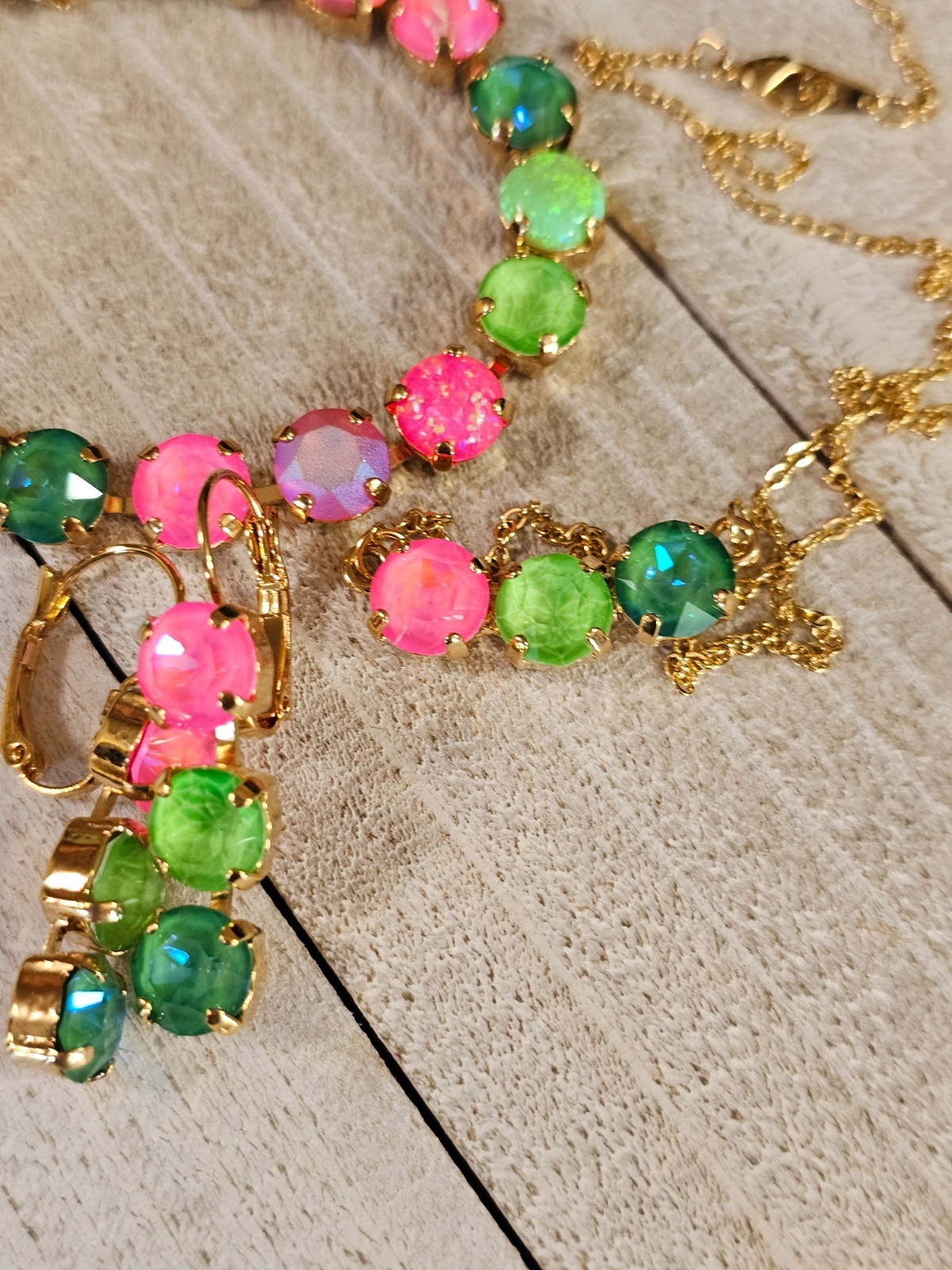 B1-22 Watermelon Mojito Pink Lime Crystal Earrings Cup chain 3pc Jewelry Set