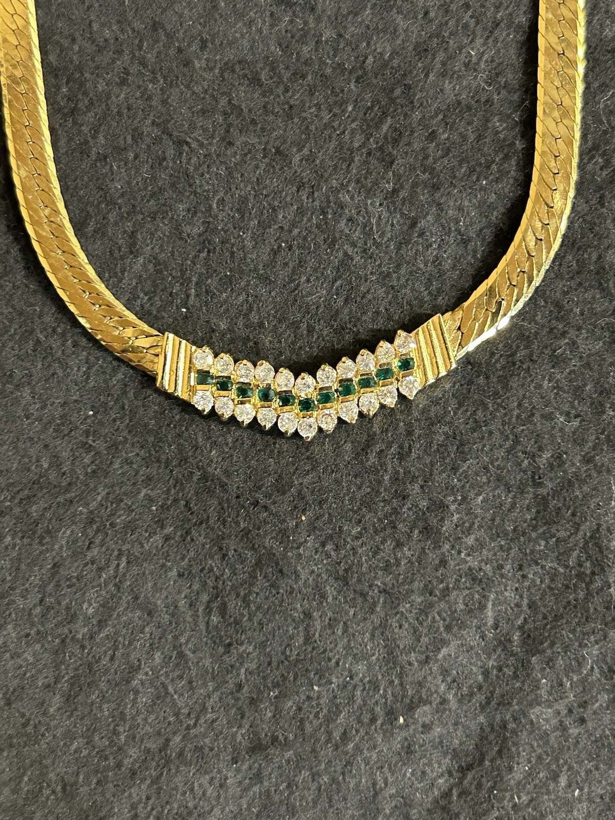 Gold Tone Herringbone 18″ Necklace With Green And White Gemstones J165