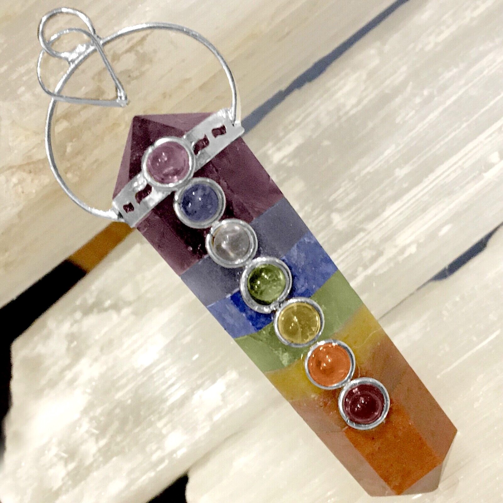 Rainbow Chakra Crystal Double Point Pendant 7 Bonded Stone Necklace Reiki Healin