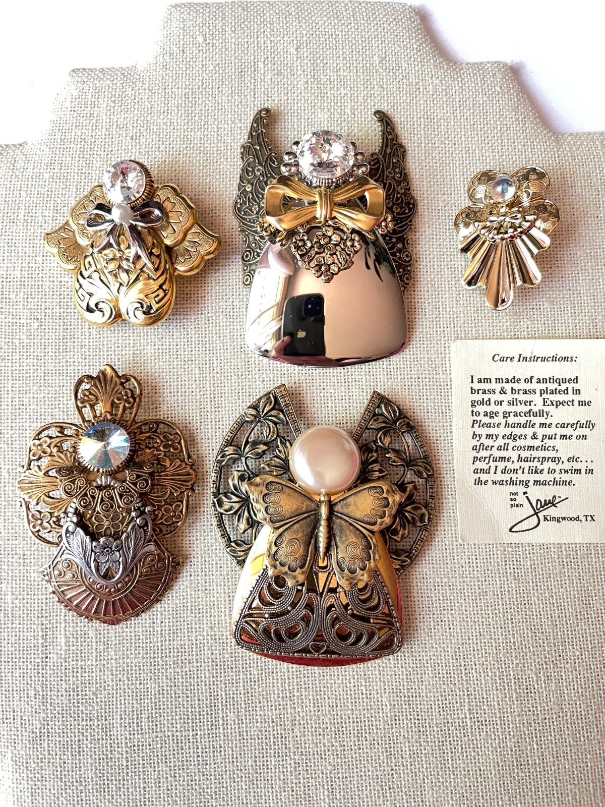 Lot of 5 Vintage Jane Davis Angel Brooches Filigree Gold Silver Bronze Tone