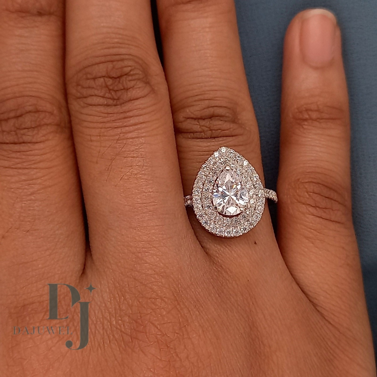 3 CT Pear Cut Moissanite Double Halo Engagement Ring Solid 14K White Gold VVS1