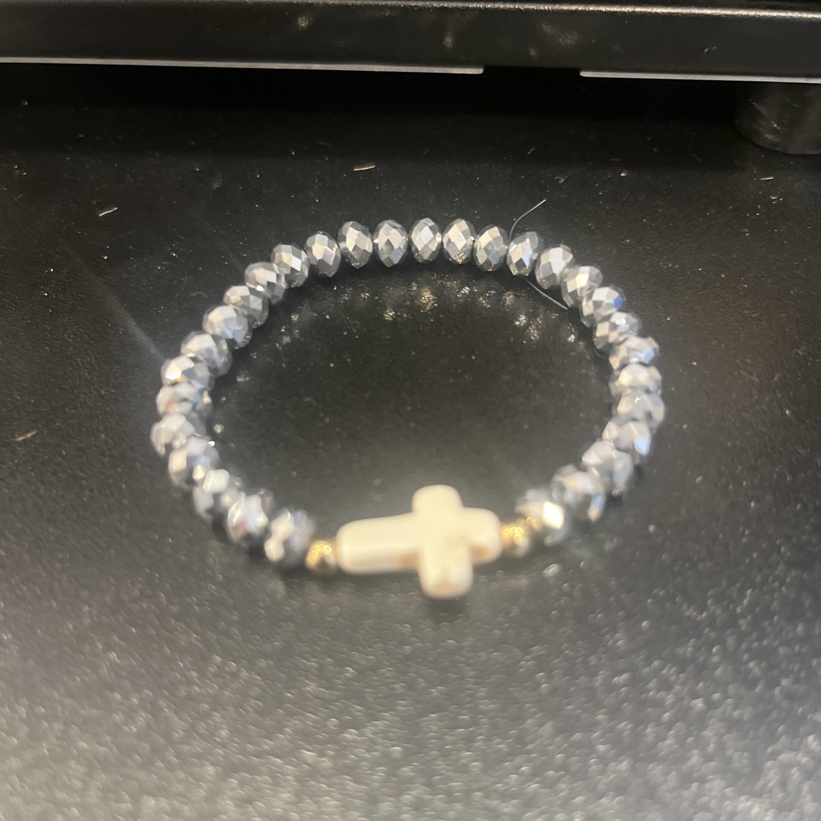 Women’s Stylish Cross Faith 8mm Grey Bead Stretch Bracelet (18cm) M 6.75″ Wrist