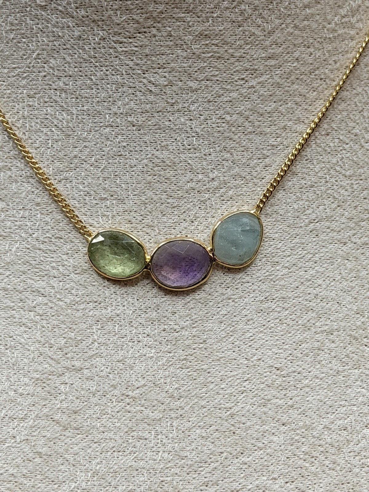18K Gold Plated Three-Stone Necklace – Green, Purple, Blue