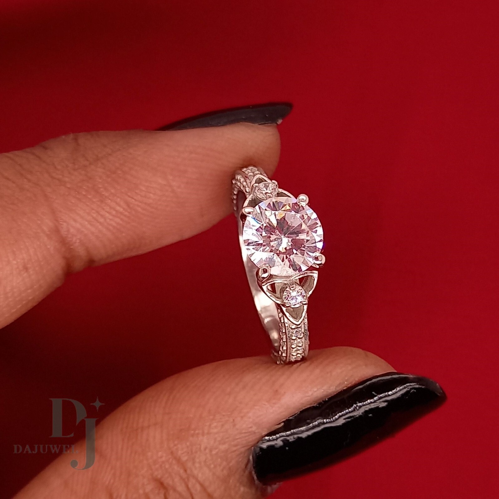 Moissanite Vintage Engagement Ring Solid 14K White Gold 2 Carat Round Cut VVS1