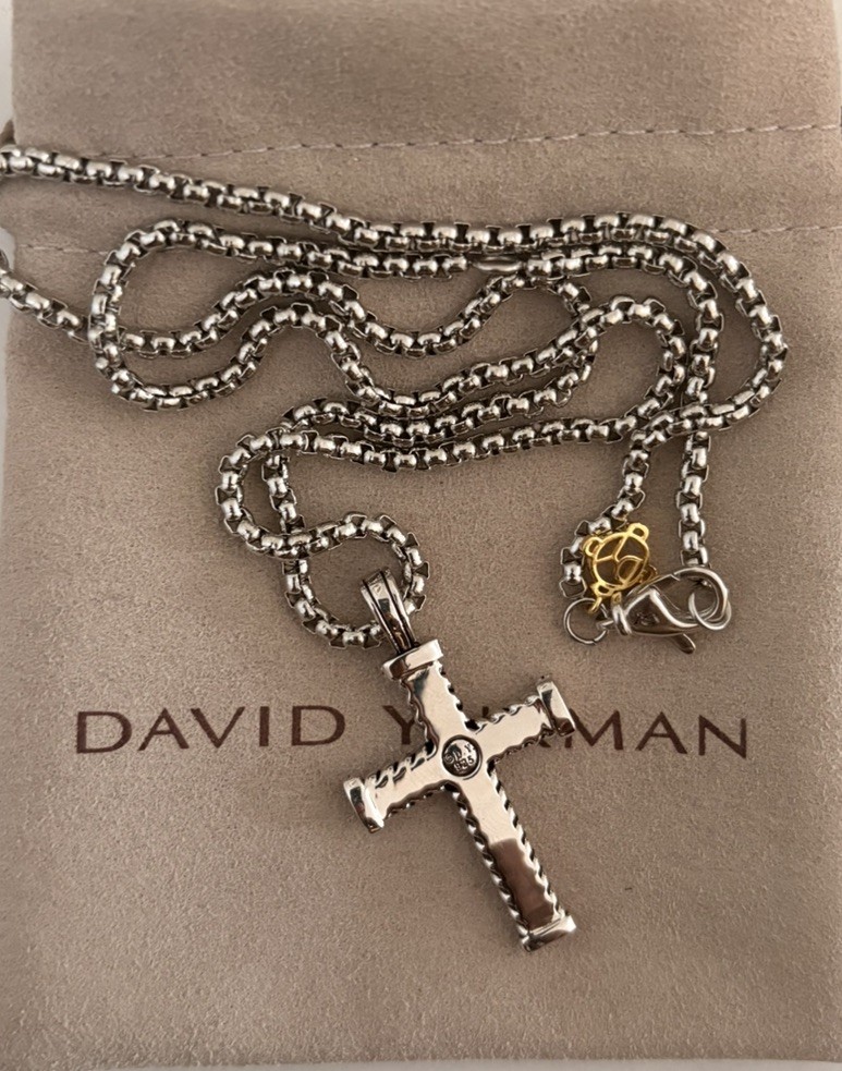 David Yurman Sterling Cross Pendant w/ Box 2MM Chain Necklace 19in