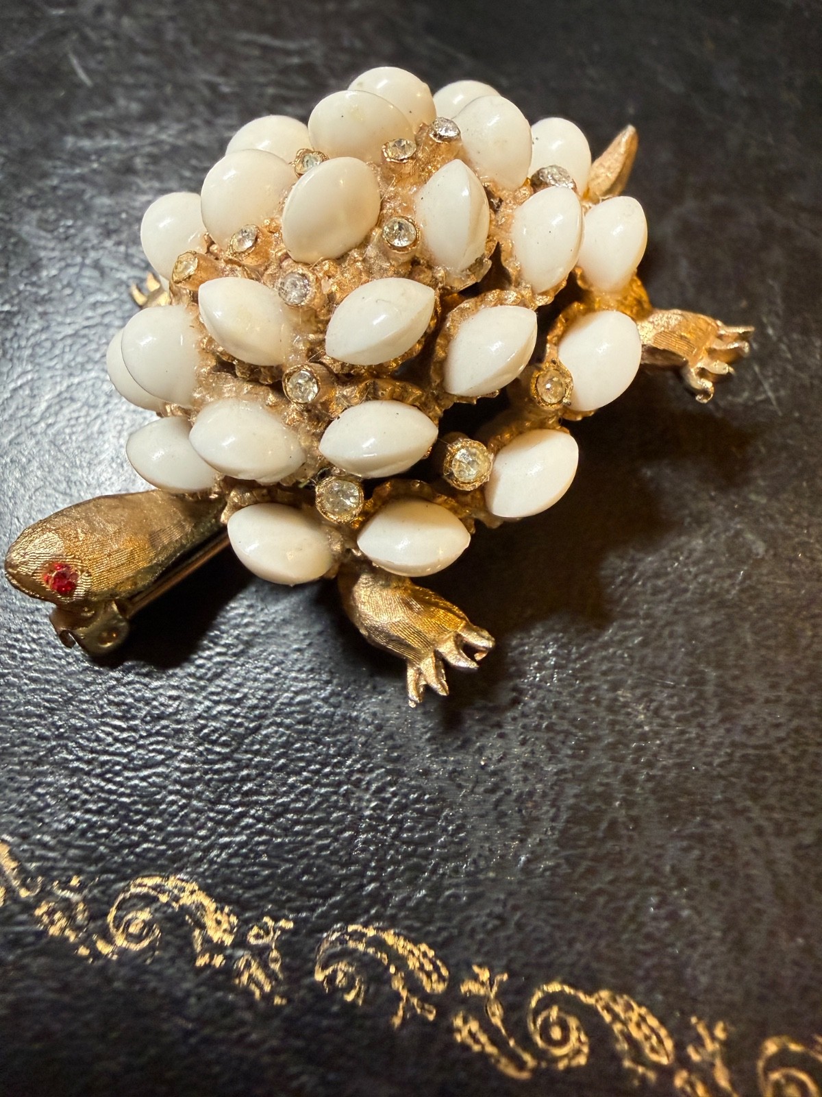 Vintage HAR Turtle brooch Gold Tone White Figural Animal Pin Signed Excellent