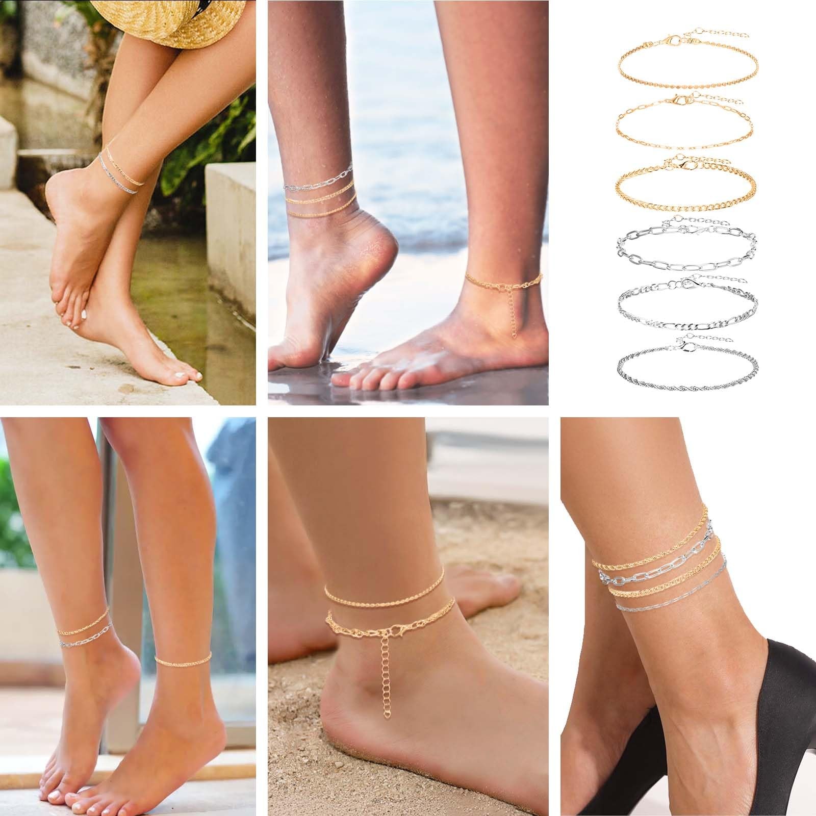 KFHENSOMR 12pcs Gold/Silver Ankle Bracelets for Women Medium, Gold + Silver