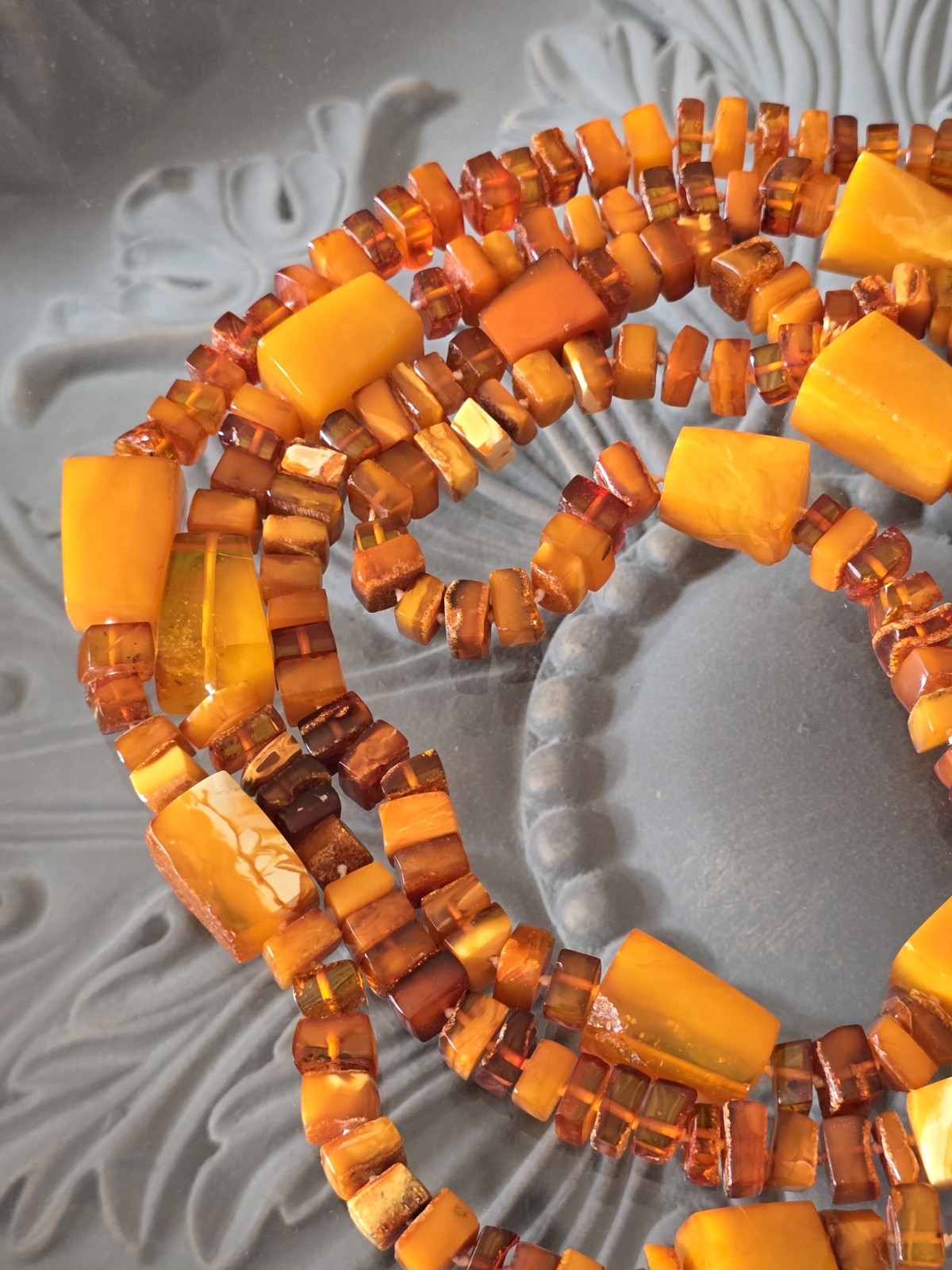 VTG GENUINE BALTIC EGG YOLK & HONEY AMBER BEADED NECKLACE 152 Grams☆ART DECO☆70″