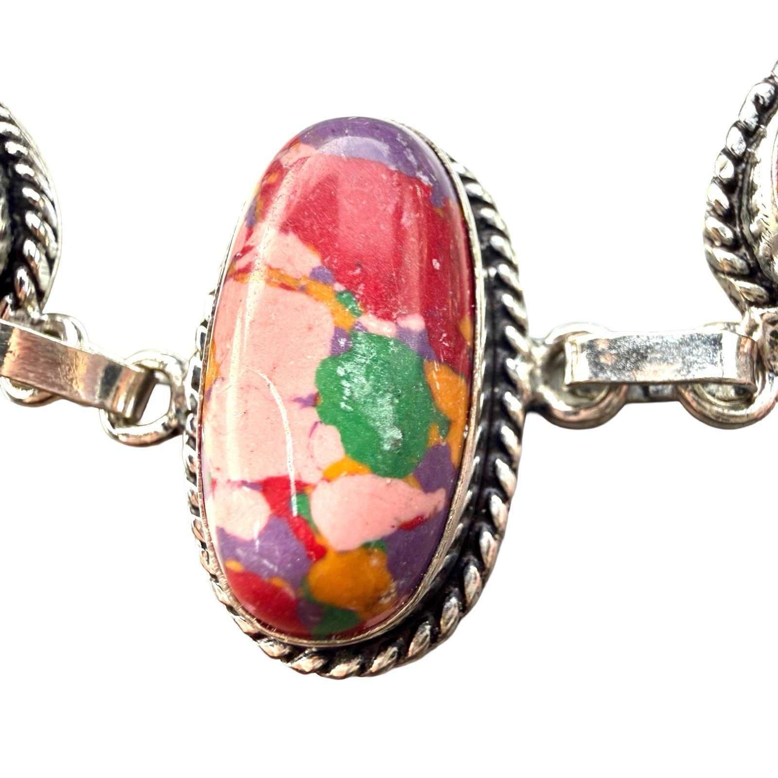 Mosaic Jasper Gemstone Sterling Silver Handmade Bracelet 23 G 7.5 To 8.5” NWOT