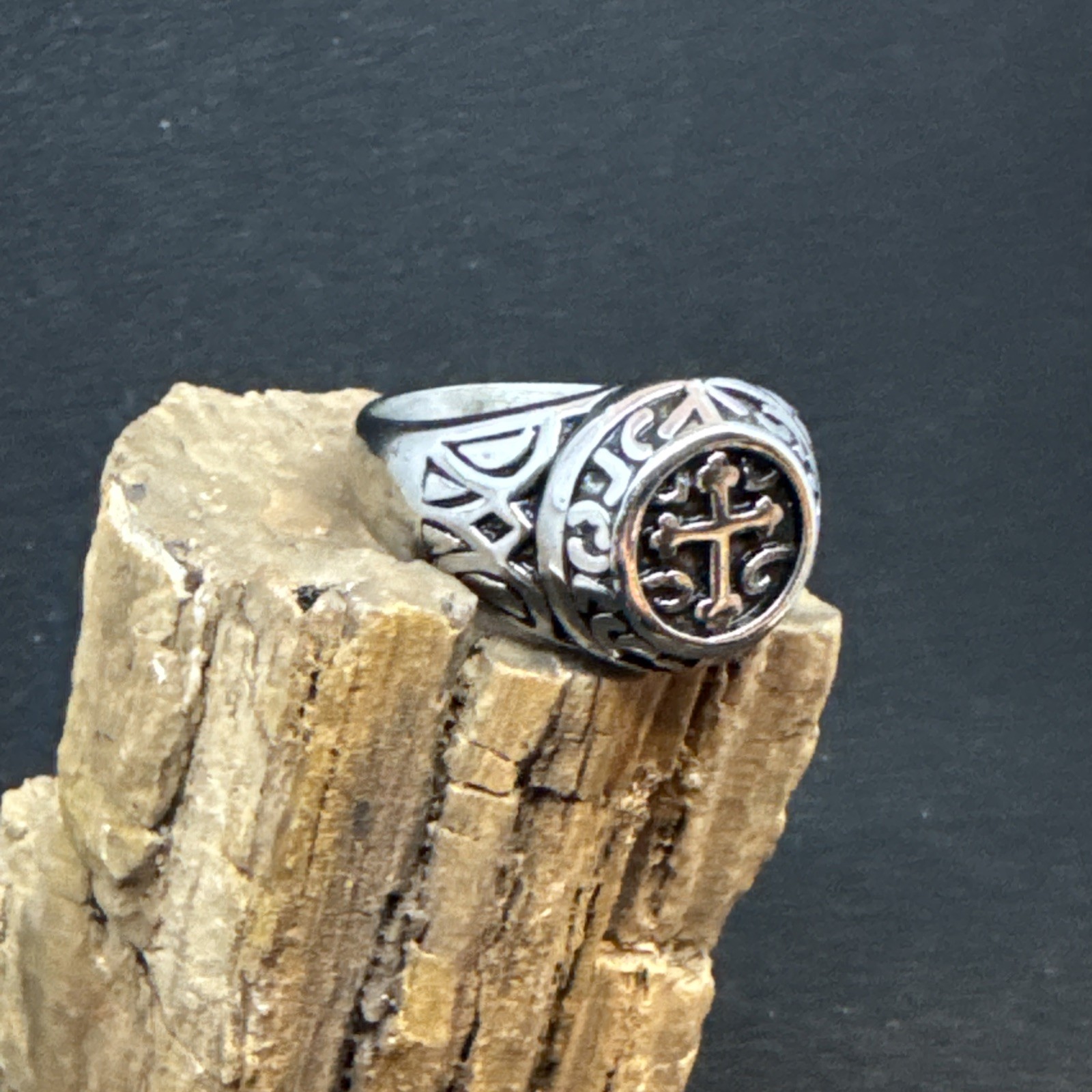 Cross Ring Stainless Steel High Polish Oxidized 12mm Face Width 5mm Band