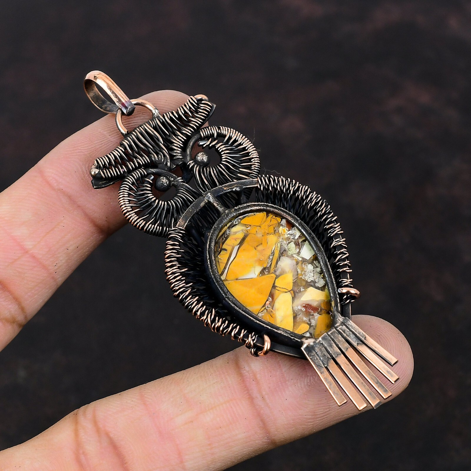Brecciated Mookaite Jewelry Copper Mother Gift Wire Wrapped Owl Pendant 3.27″