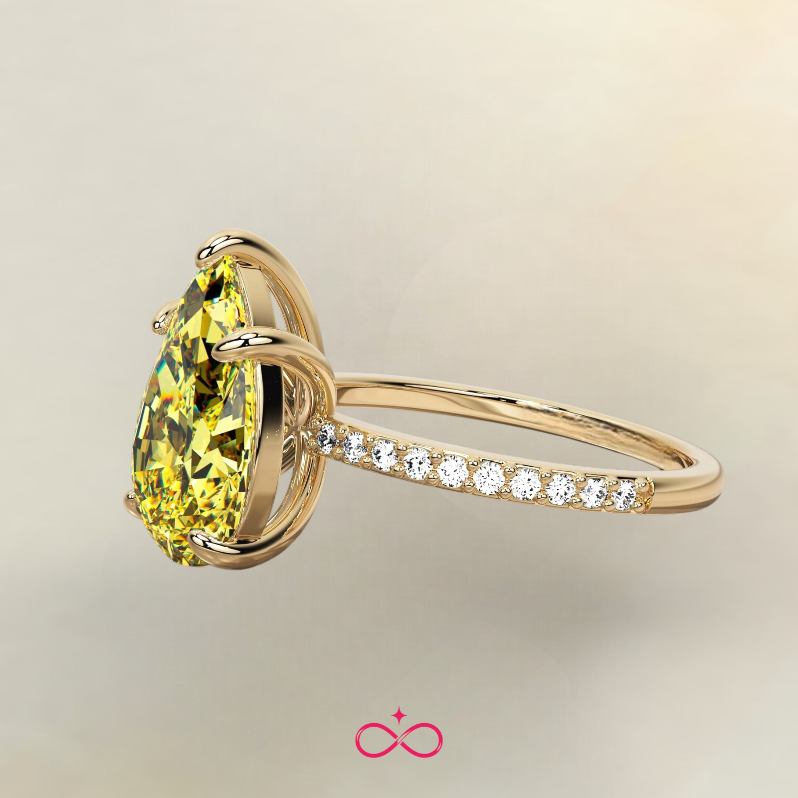 18K Yellow Gold IGI Lab Created Fancy Vivid Yellow Diamond Ring 3.16 CT Pear Cut