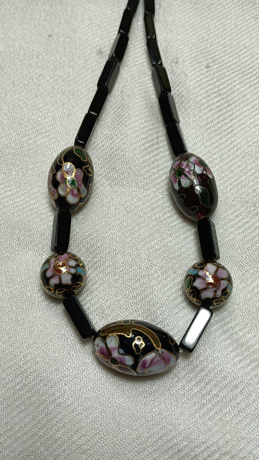 Vintage Black Onyx Cloisonne Beads Beaded Necklace 20 In ➡️ DESCRIPTION