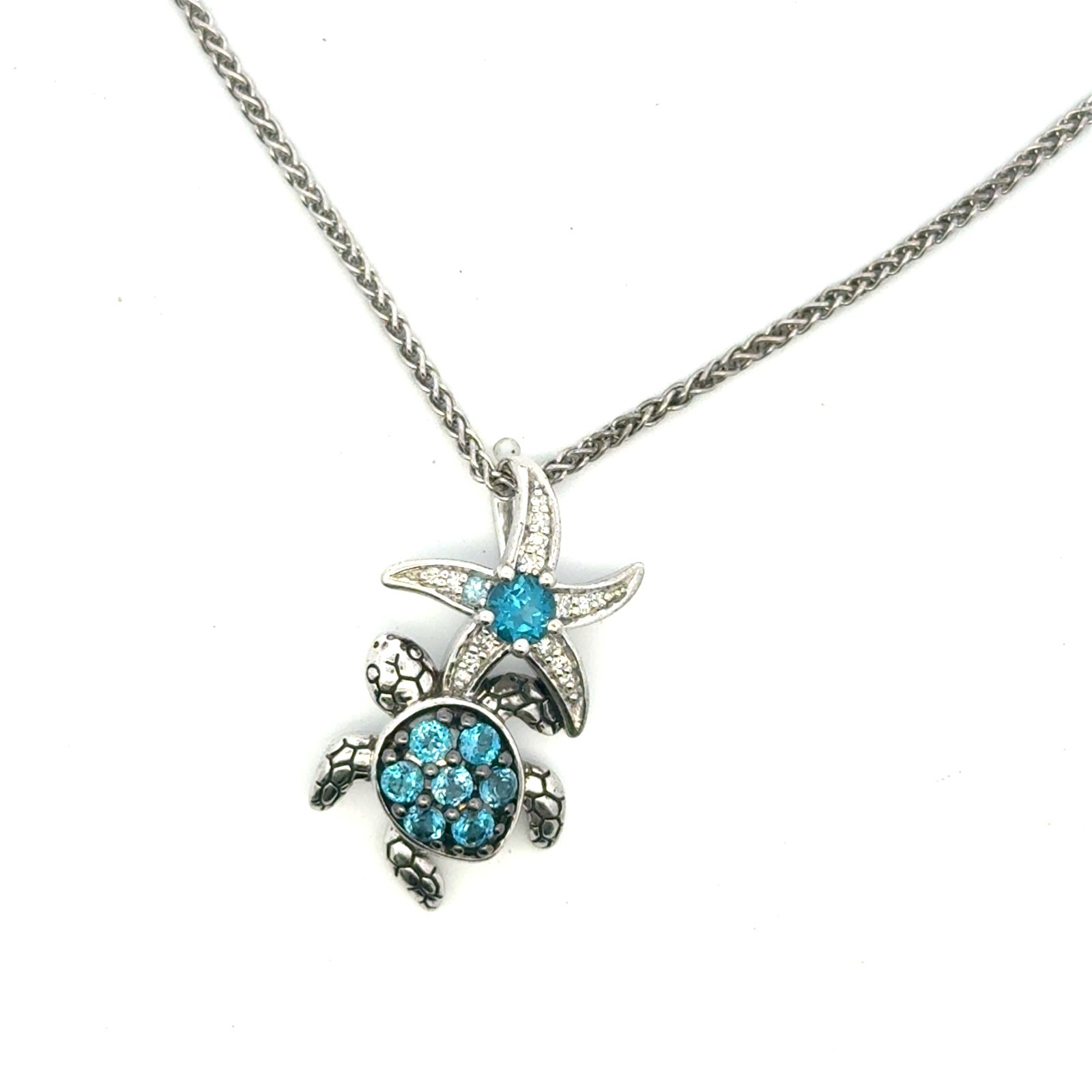 NIB EFFY sterling silver diamond and blue topaz turtle necklace retail $868