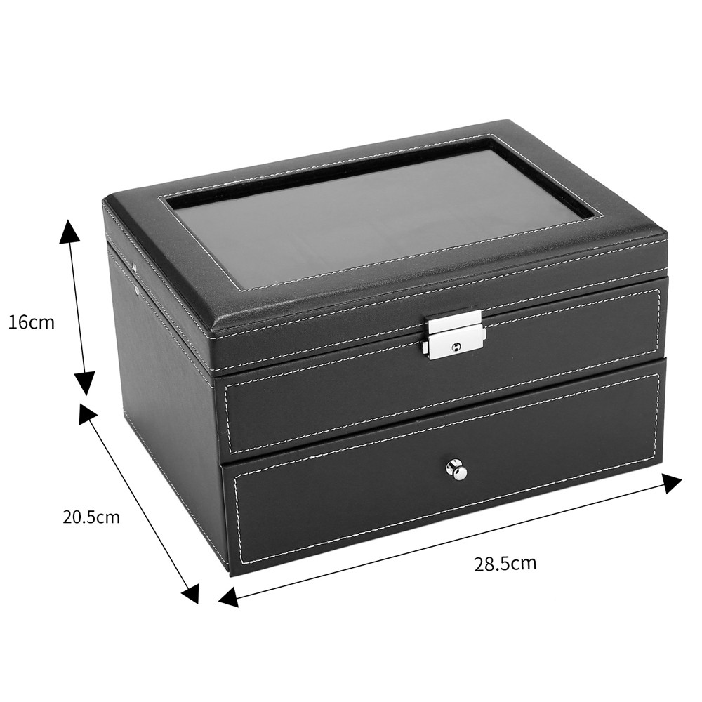 20 Compartments Watch Collection Storage Box Glass Top Display, Lockable, Black~