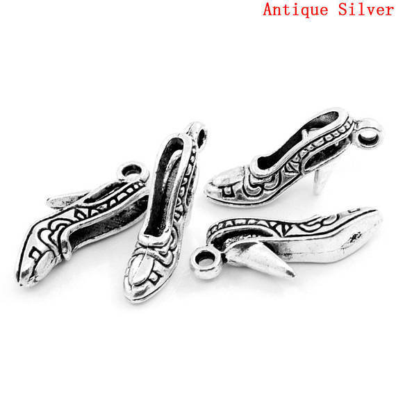 10 Pieces Antique Silver High-Heeled Shoes Charms, US Seller