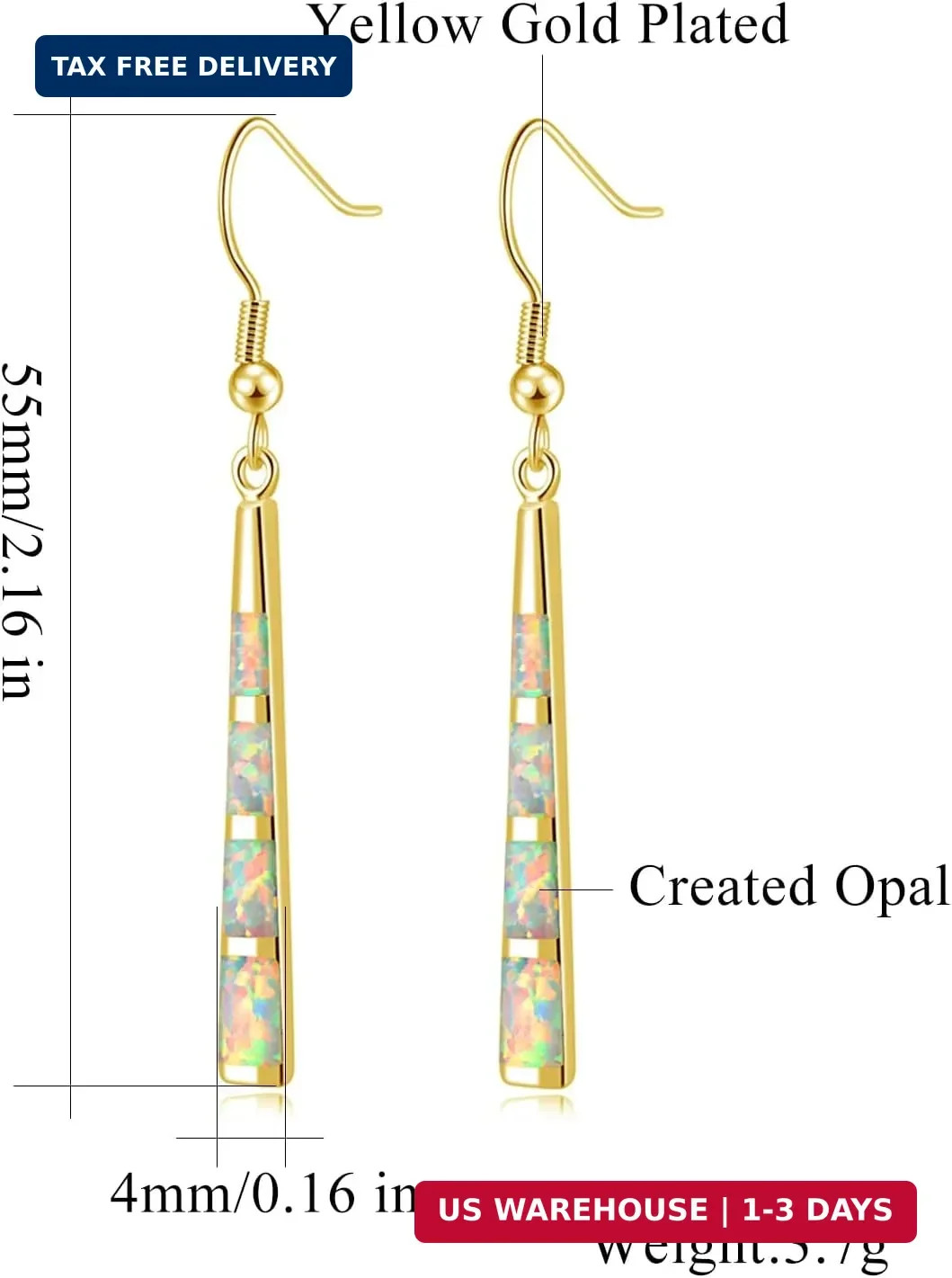CiNily Opal Drop Earrings – Silver or Gold Plated Dangle Bar Jewelry for Women,