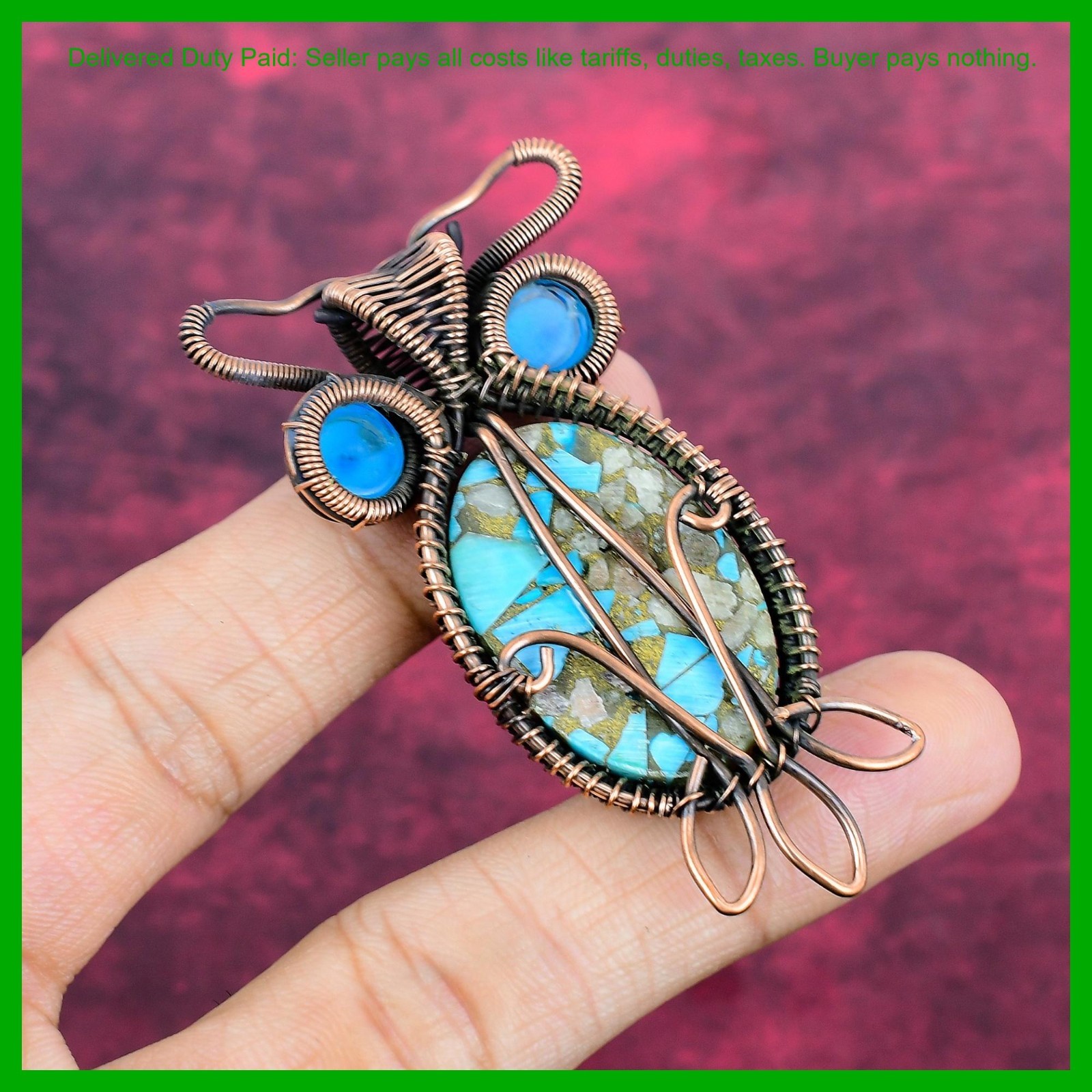 Copper Natural Pink Opal Copper Turquoise Blue Color Evil Eye Art Deco Pendant