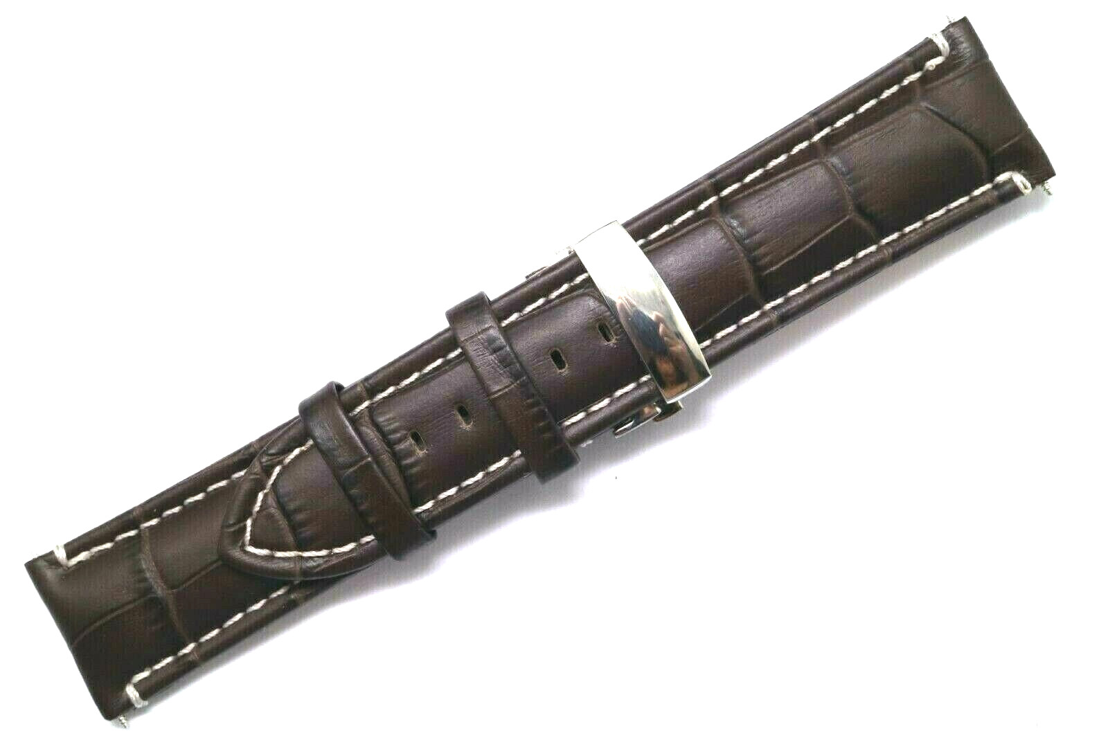 22mm Brown/White Croco Embossed Leather Watch Band Push Button Deployant Clasp