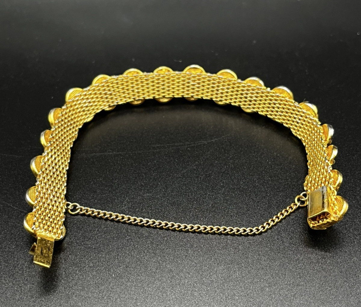 Vintage damascene Oval Panel Mesh Back Bird & Flower Bracelet