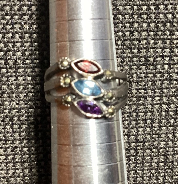 Tr-Color Stones 925 Silver Ring Size 7.5