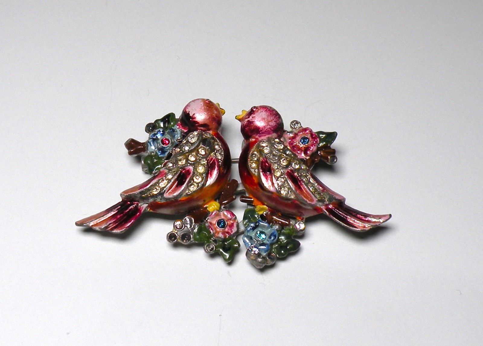VINTAGE 1940S CORO DUETTE LOVE BIRDS ART DECO CLIPS RHINESTONE PIN BROOCH CRAFT