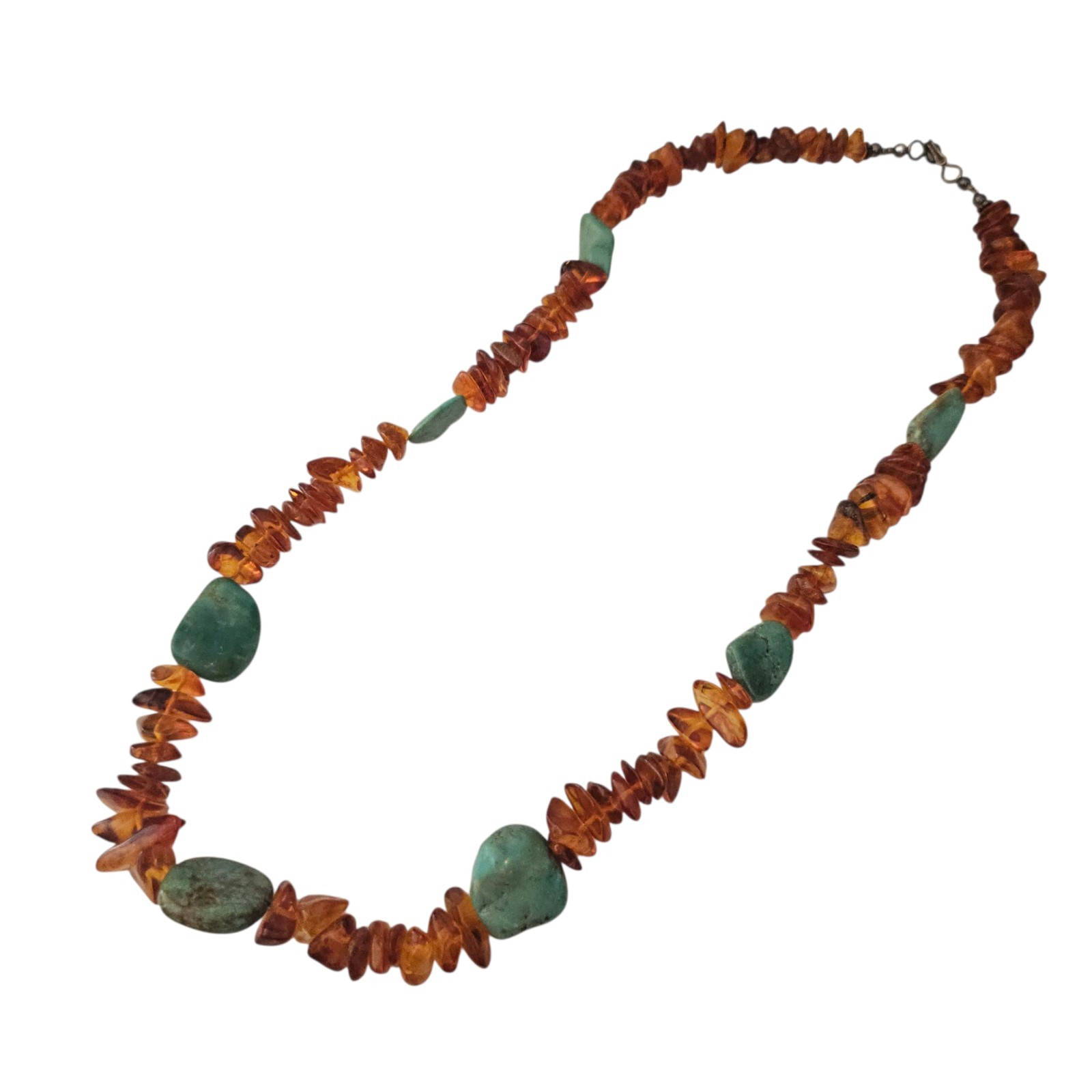 Vintage Native American Navajo Sterling Silver Turquoise Amber Bead Necklace 23″