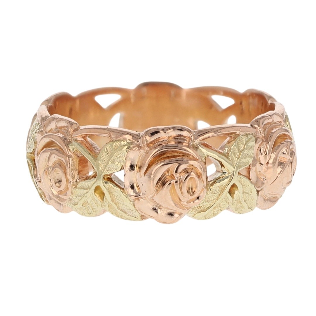 8.7mm Sculpted Rose Flower Vine Band Ring 14k Multi-Tone Gold 9.83g Size 10.5