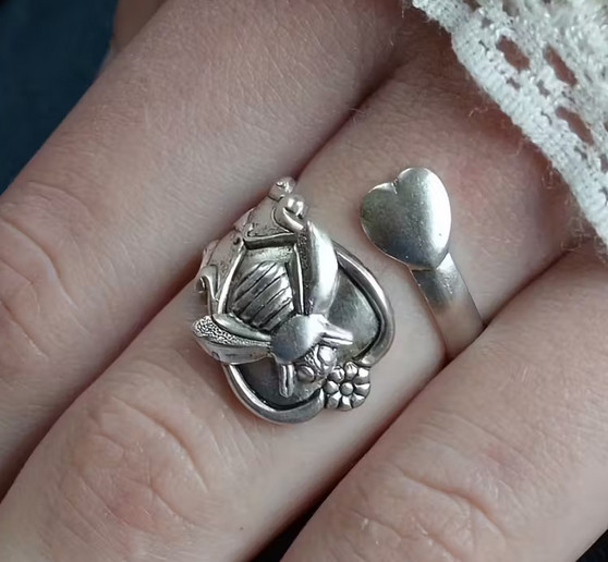Bee heart silver spoon wrap ring