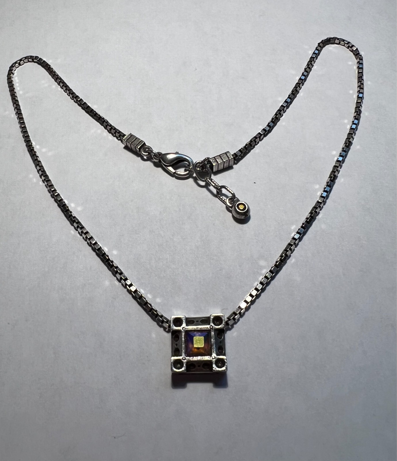 Vintage Patricia Locke square pendant necklace pink crystal – 9″ signed, undated