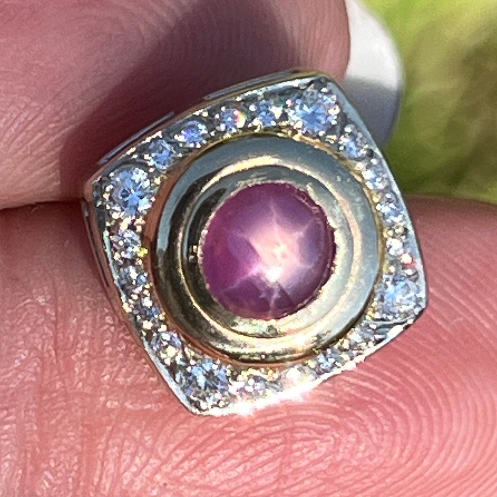 14k Gold Pink Star Sapphire Ruby Pendant w Diamond Halo *Video* A