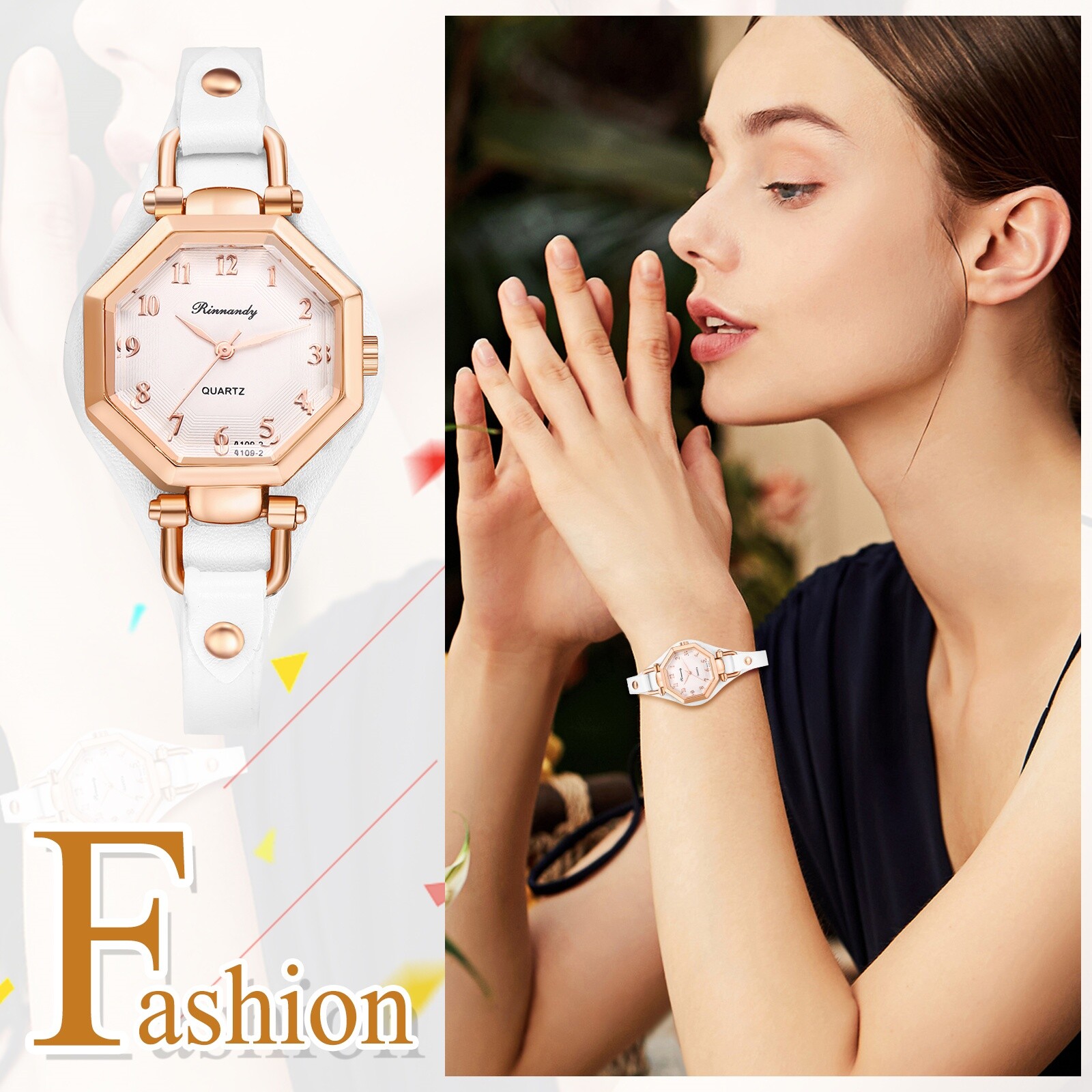 Women Retro Octagon Dial Design Quartz Slim Leather Band Ladies Dress WristWatch