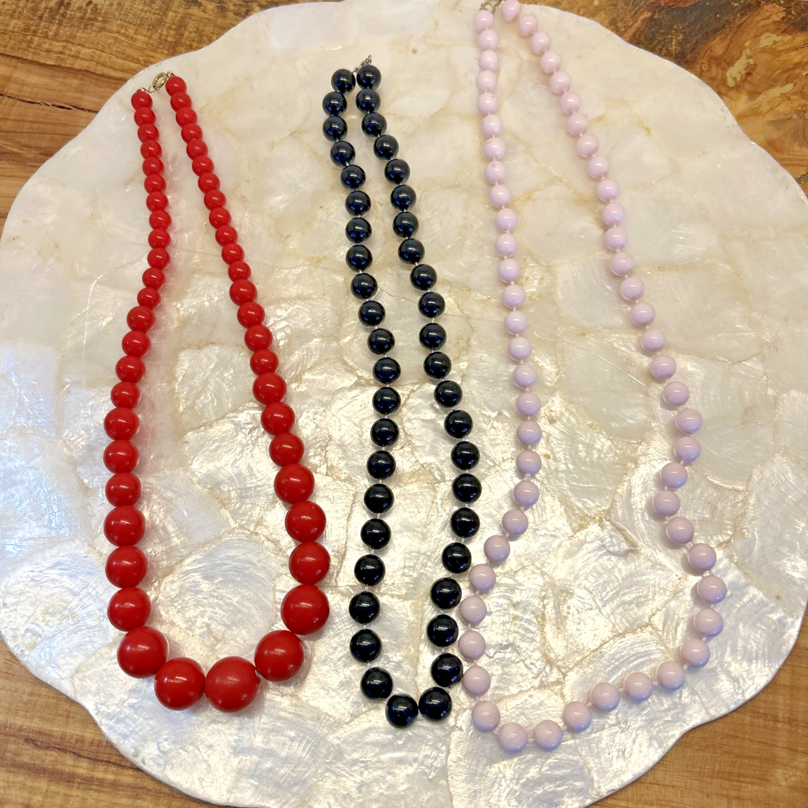 Vintage 80s Three (3) Beaded Necklaces Red, Black, & Lavender