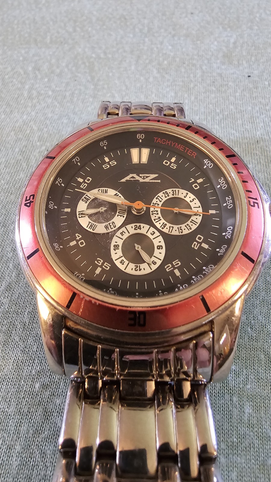 AZ II Mens Chrono Watch W/ tach. Black Dial Red Bezel Stainless Band
