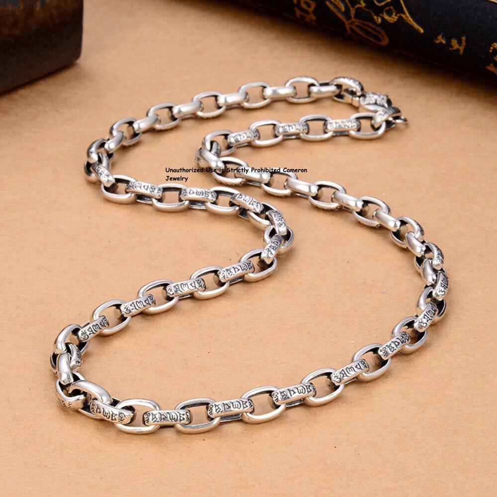 Solid 925 Sterling Silver Chain 8mm Six Words Oval Cable Link Necklace 18-30inch