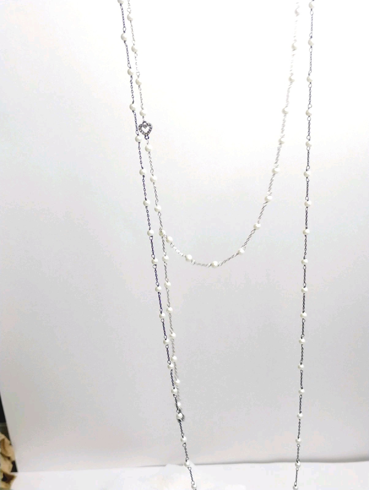 Signed CABI Faux Pearl & Rhinestone Heart Necklace