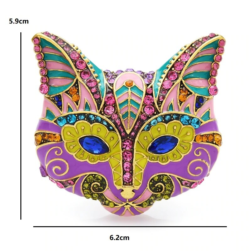 Enamel Cat Head Brooches Rhinestone Animal Women Party Pins Fashion Jewelry Gift