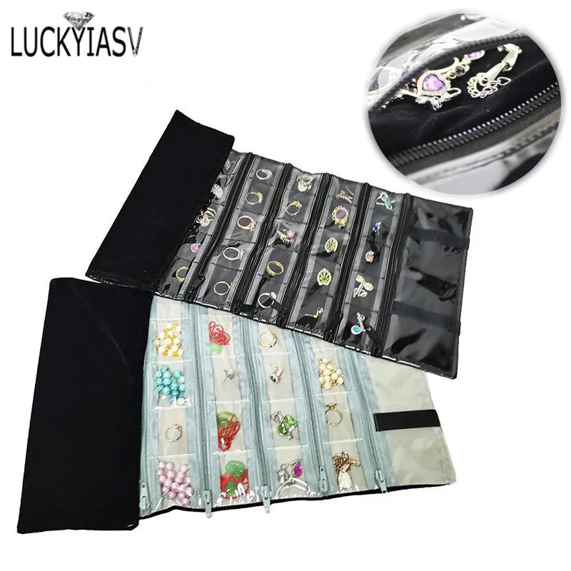 Fashion Velvet Zipper Jewelry Roll Bag Ring Earrings Organizer Storage Bag