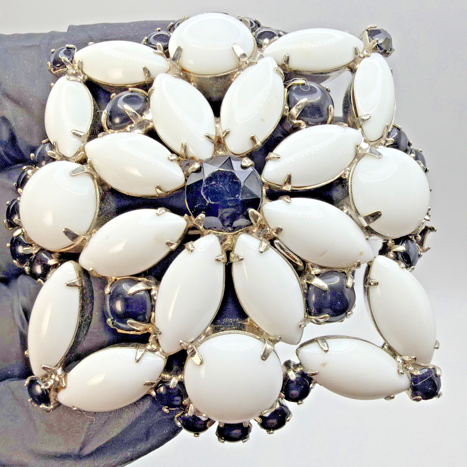Vintage Brooch Milk Glass & Jet Black Rhinestones Silver Toned