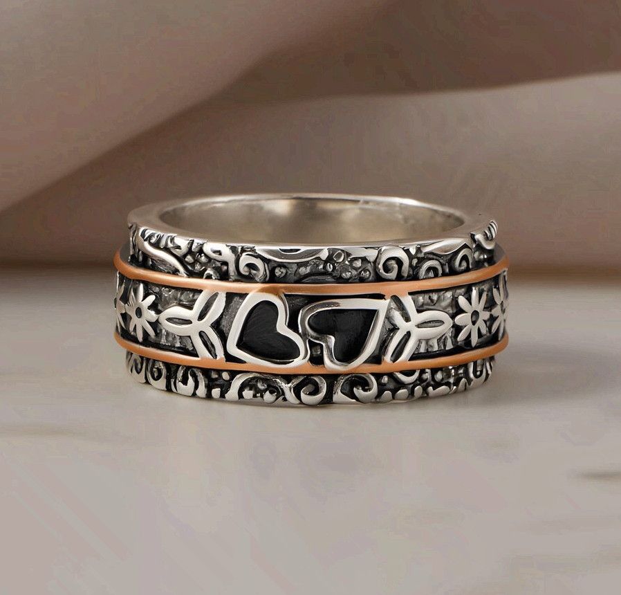 Hearts Ring Stainless Steel Two Tone Floral Fidget Meditation Band