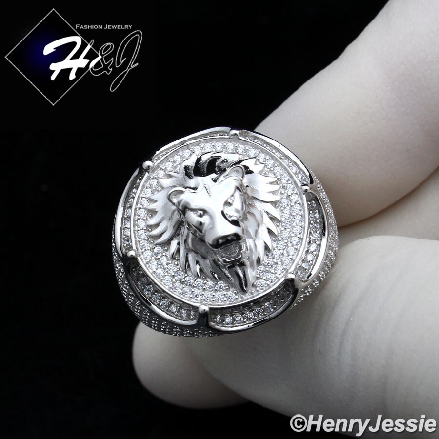 MEN SOLID 925 STERLING SILVER ICY BLING CZ 3D HIPHOP LION FACE ROUND RING*R243