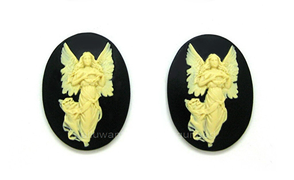 4 CHRISTIAN IVORY color Guardian Angel with Wreath on BLACK 40mm x 30mm CAMEOS