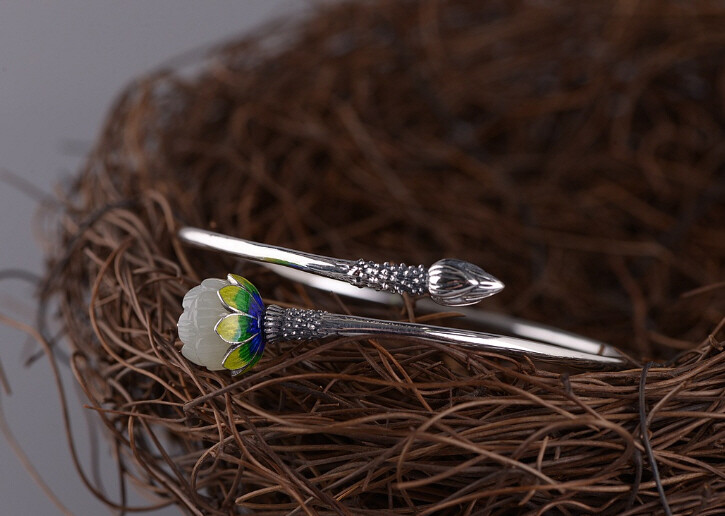 I05 Bangle Silver 925 Lotus Flower Bud White Jade Cloisonne Multicolor