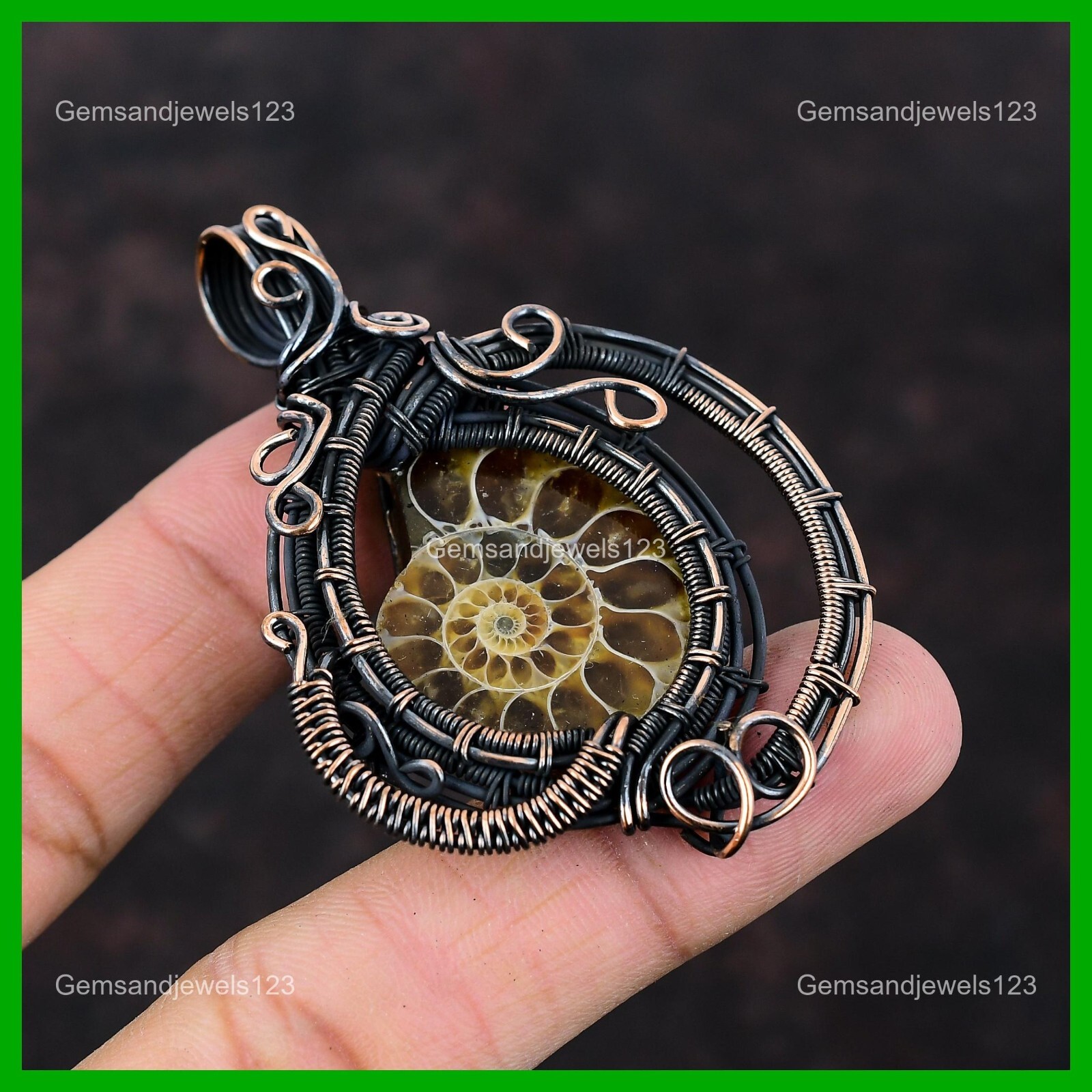 Copper Pear Ammonite Fossil Gemstone Daughter Boho Wire Wrapped Unique Pendant